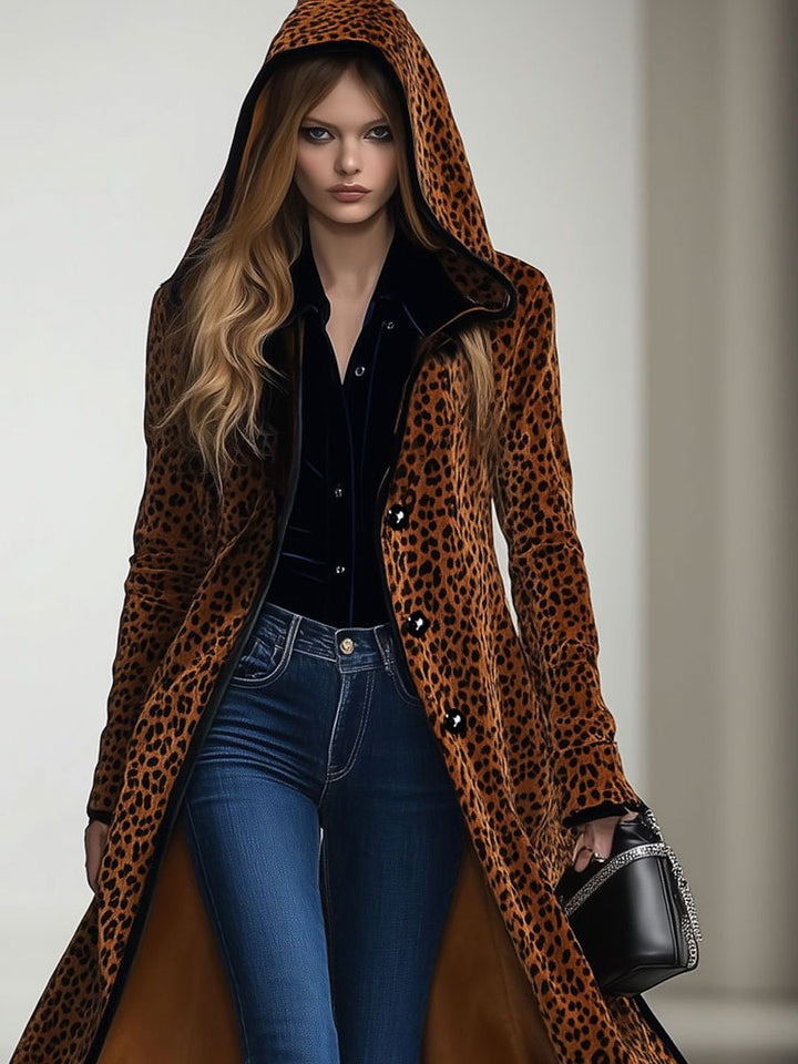 Marla - Mantel lässig Retro aus Samt Leopardenmuster mit Kapuze
