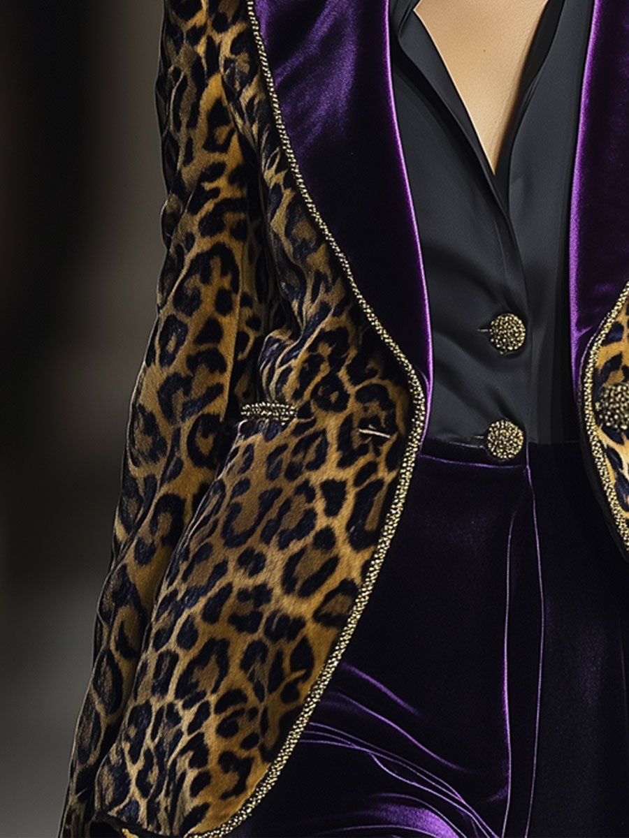 Susanne - Jacke lässig Retro aus Samt Leopardenmuster mit Kragen