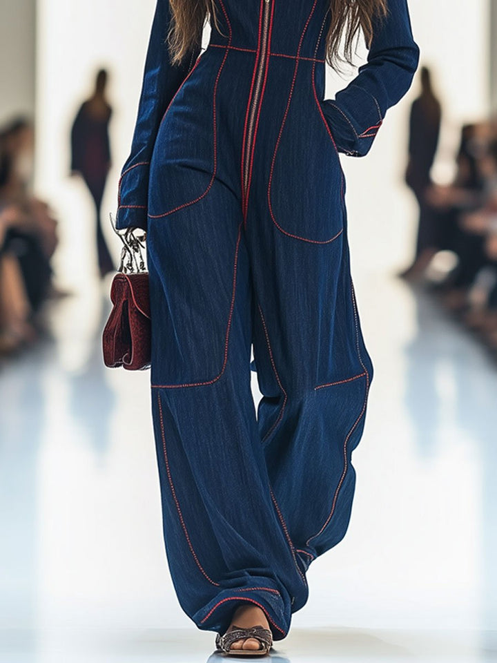 Gertrud - Overall lässig Retro aus Jeansstoff gestreift mit V-Ausschnitt