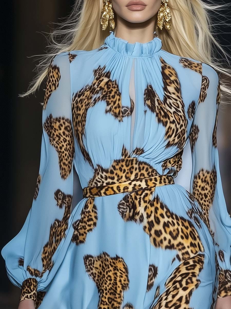 Marlene - Elegantes Minikleid für besondere Abende aus Chiffon Leopardenmuster mit Kragen