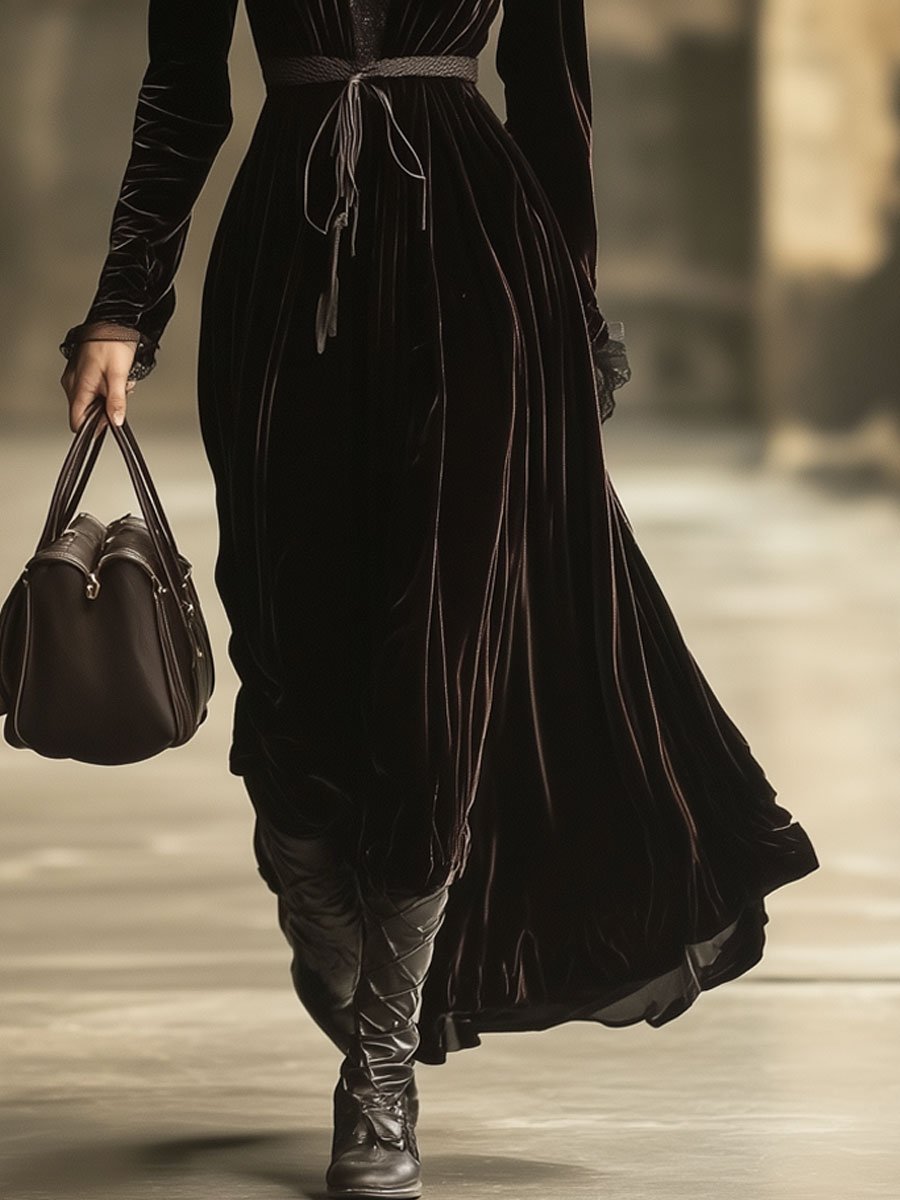 Lenya - Maxikleid aus Samt mit V-Ausschnitt und Einsätze aus Spitze