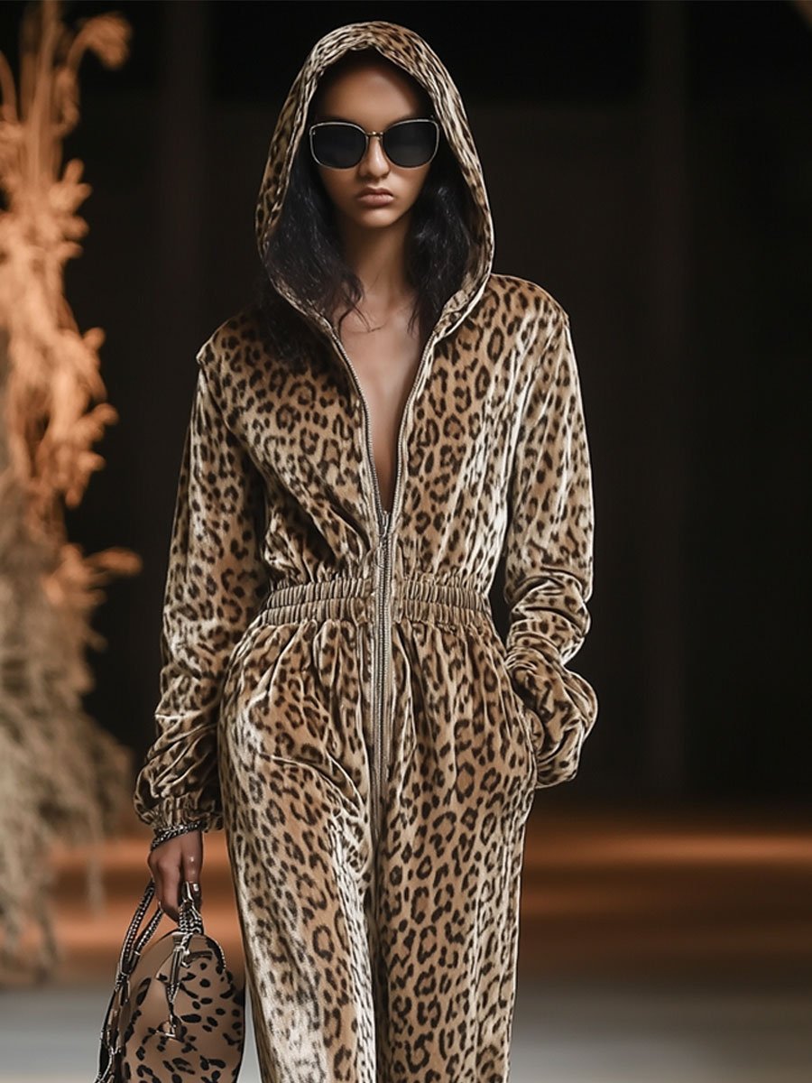 Fenna - Overall lässig Retro aus Samt Leopardenmuster mit Reißverschluss und Kapuze
