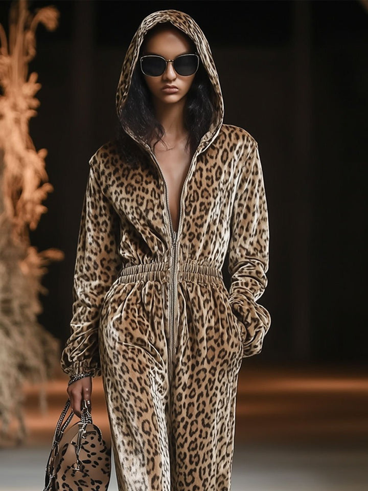 Fenna - Overall lässig Retro aus Samt Leopardenmuster mit Reißverschluss und Kapuze