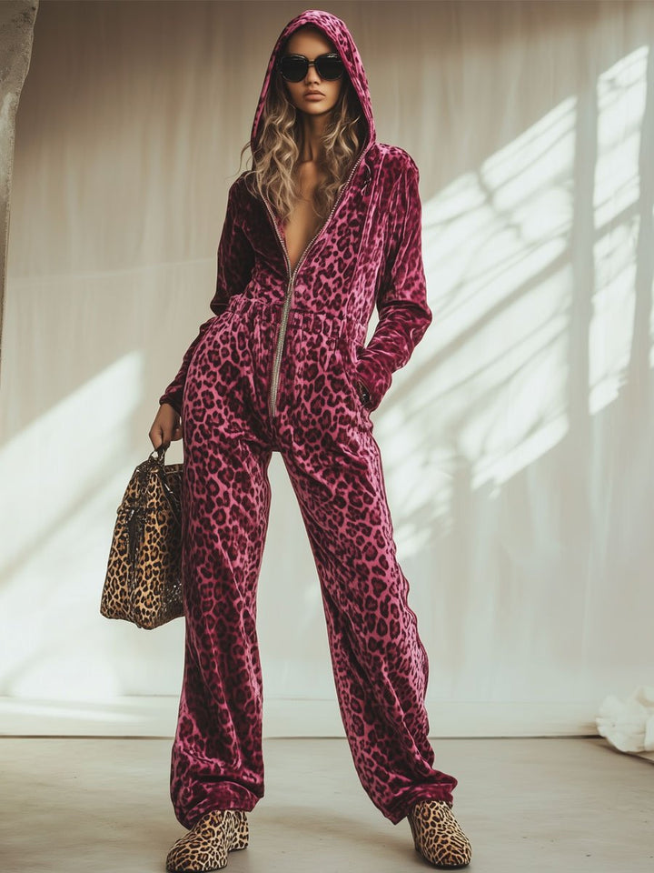 Smilla - Overall lässig Retro aus Samt Leopardenmuster mit Reißverschluss und Kapuze mit Linie feminin