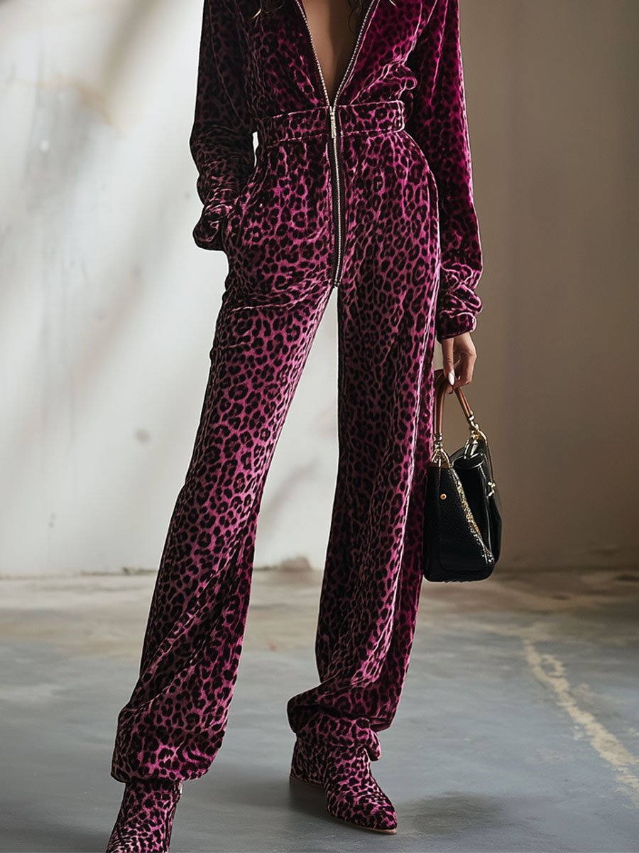 Malea - Overall lässig Retro aus Samt Leopardenmuster mit Reißverschluss und Kapuze mit Schnitt weich
