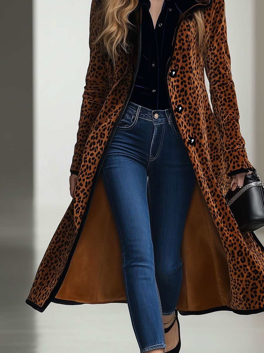 Marla - Mantel lässig Retro aus Samt Leopardenmuster mit Kapuze