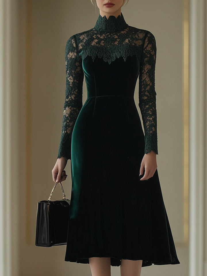 Kaja - Elegantes Midikleid Retro aus Samt mit Kragen und Einsätze aus Spitze