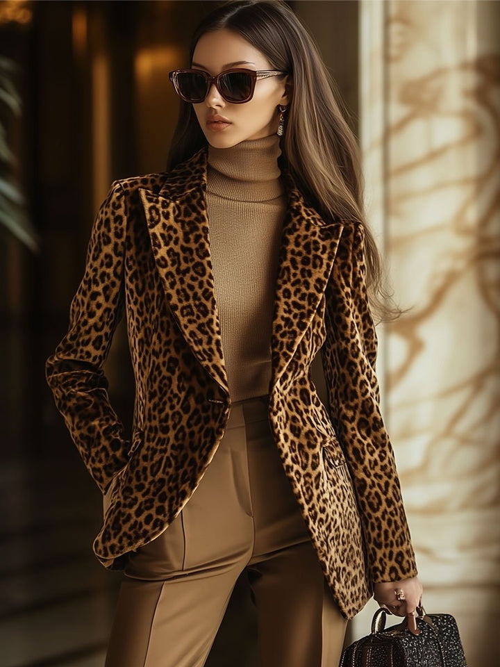 Elfriede - Jacke lässig Retro aus Samt Leopardenmuster mit Kragen und Taschen