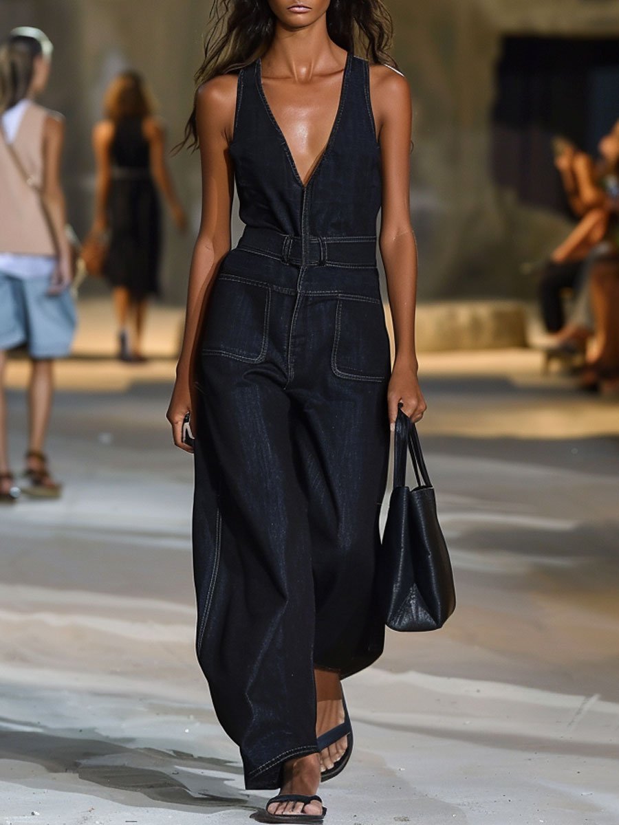 Pia - Overall lässig Retro aus Jeansstoff mit V-Ausschnitt und ärmellosem Schnitt