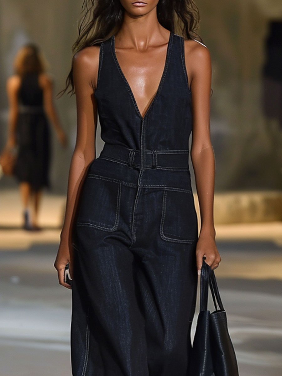 Pia - Overall lässig Retro aus Jeansstoff mit V-Ausschnitt und ärmellosem Schnitt