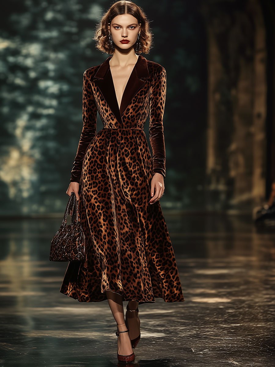 Juna - Midikleid aus Samt Leopardenmuster mit Kragen und V-Ausschnitt