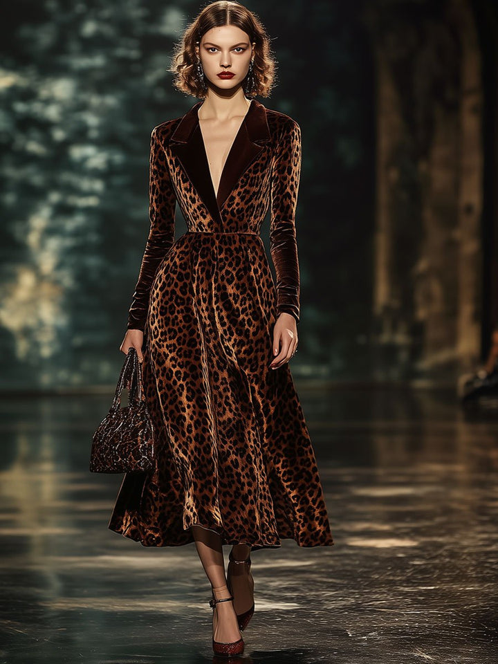 Juna - Midikleid aus Samt Leopardenmuster mit Kragen und V-Ausschnitt