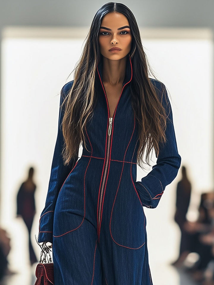 Gertrud - Overall lässig Retro aus Jeansstoff gestreift mit V-Ausschnitt
