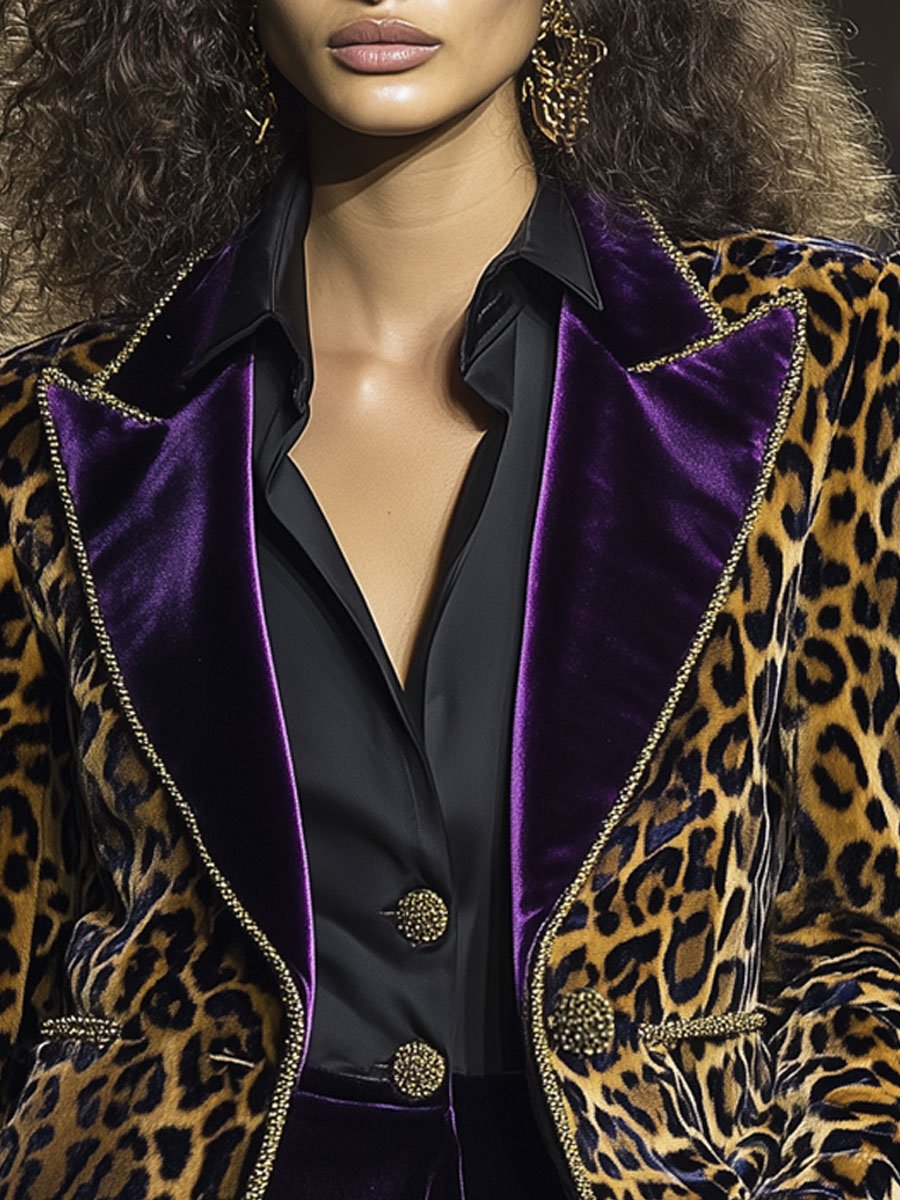 Susanne - Jacke lässig Retro aus Samt Leopardenmuster mit Kragen