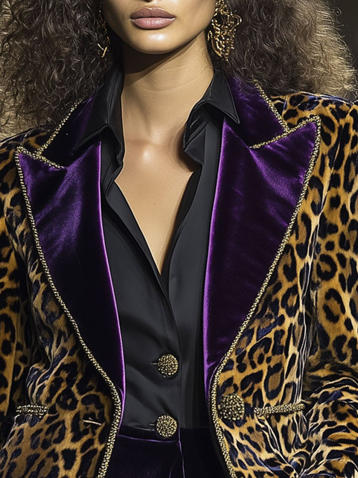 Susanne - Jacke lässig Retro aus Samt Leopardenmuster mit Kragen