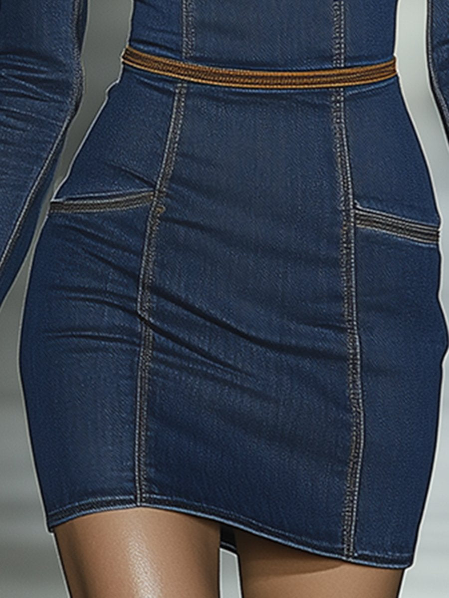 Mathilda - Elegantes Minikleid Retro aus Jeansstoff gestreift mit Kragen