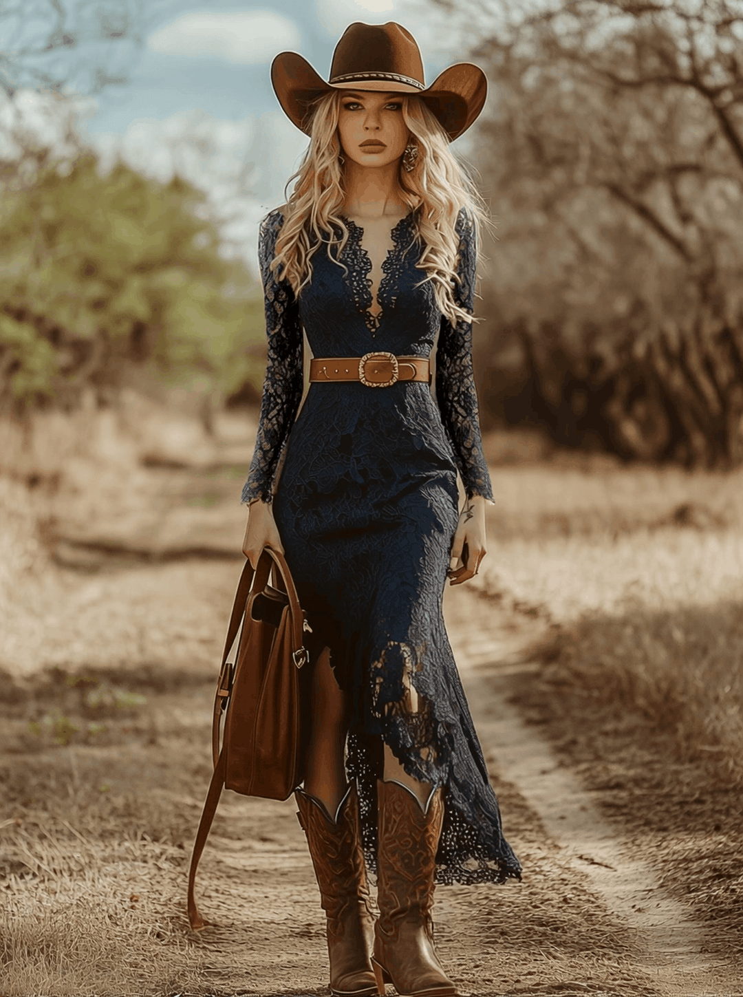 Telse - Midikleid Western im Retro-Stil aus Spitze mit V-Ausschnitt und Einsätze aus Spitze