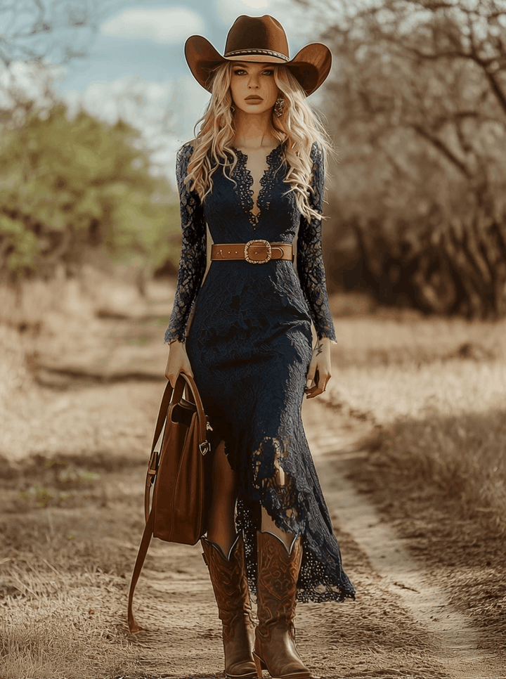 Telse - Midikleid Western im Retro-Stil aus Spitze mit V-Ausschnitt und Einsätze aus Spitze