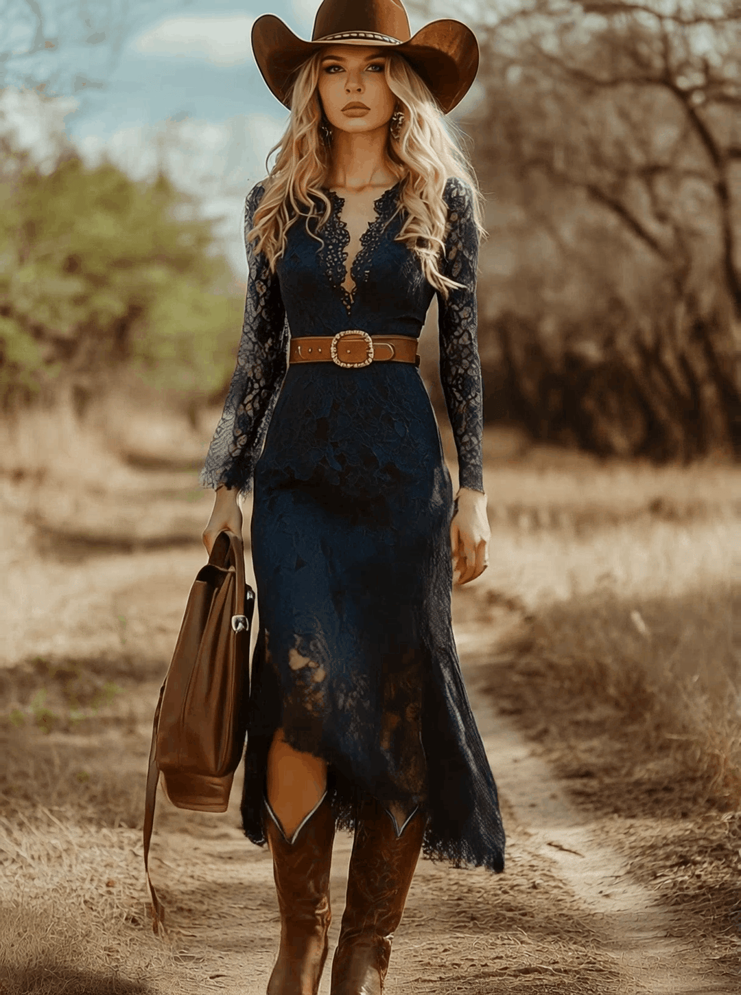 Telse - Midikleid Western im Retro-Stil aus Spitze mit V-Ausschnitt und Einsätze aus Spitze