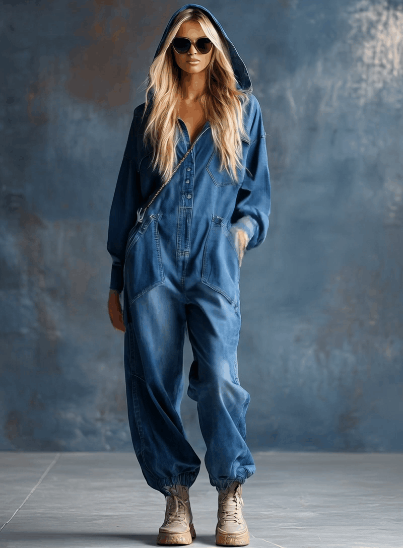 Petra - Overall lässig Retro aus Jeansstoff mit V-Ausschnitt und Kapuze
