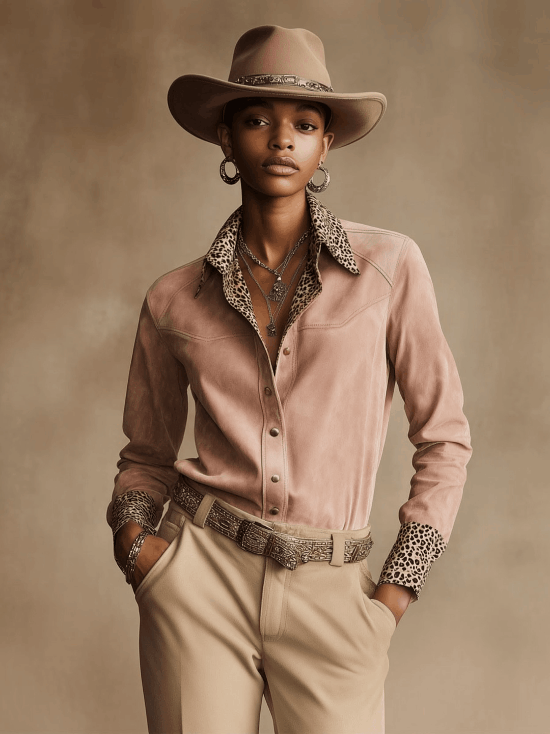 Natalie - Bluse Western im Retro-Stil aus Kunstwildleder Leopardenmuster mit V-Ausschnitt