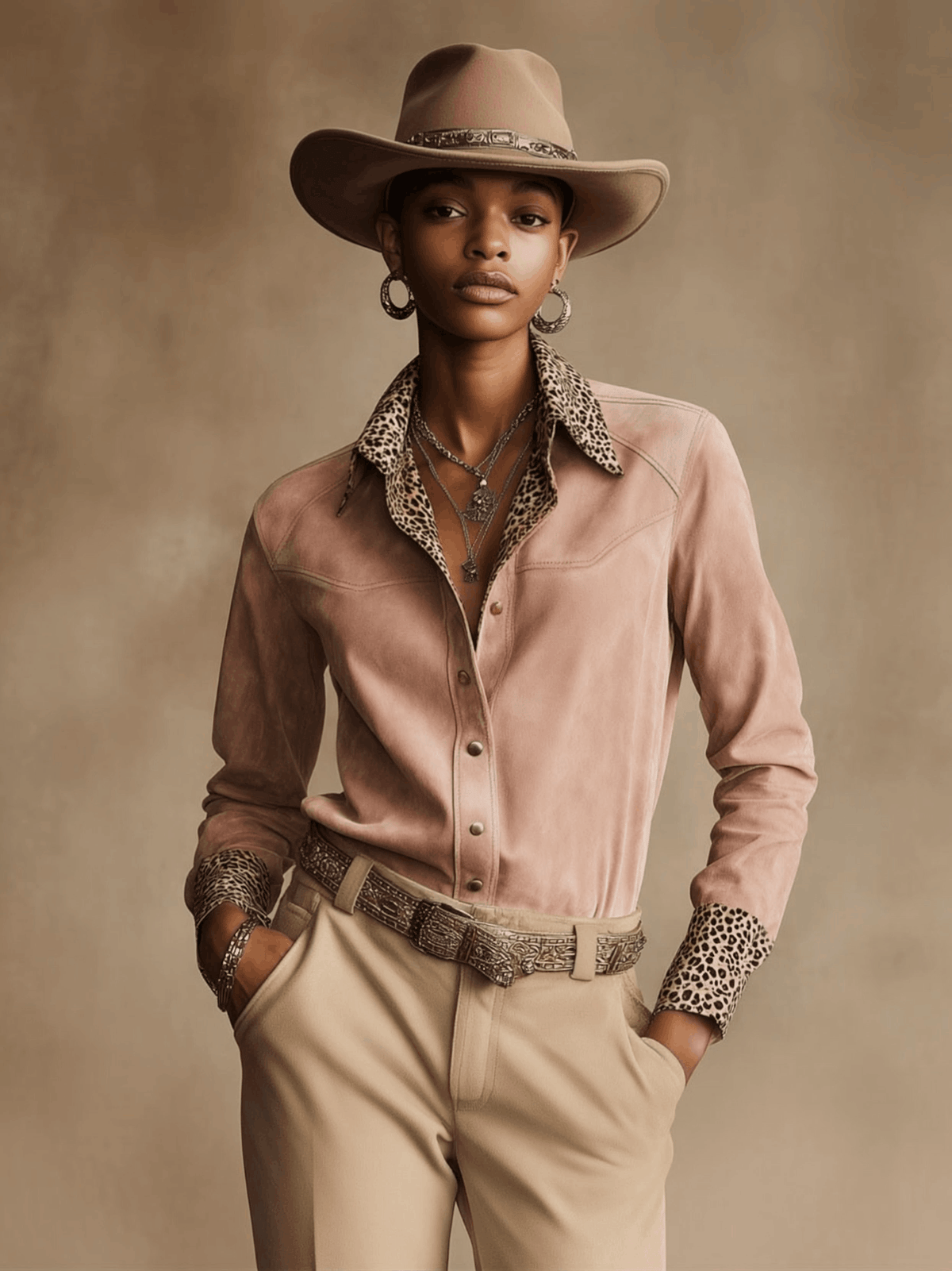 Natalie - Bluse Western im Retro-Stil aus Kunstwildleder Leopardenmuster mit V-Ausschnitt
