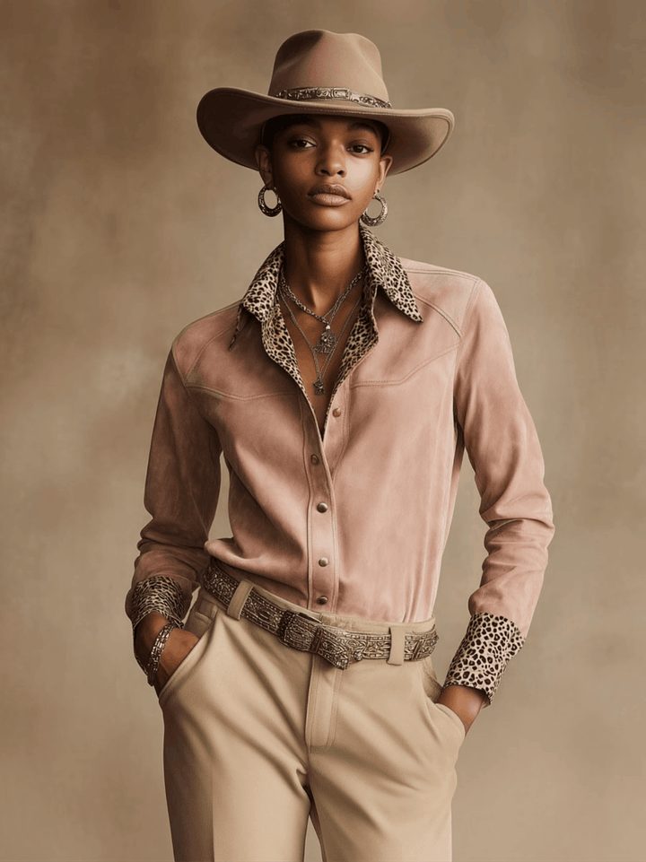 Natalie - Bluse Western im Retro-Stil aus Kunstwildleder Leopardenmuster mit V-Ausschnitt