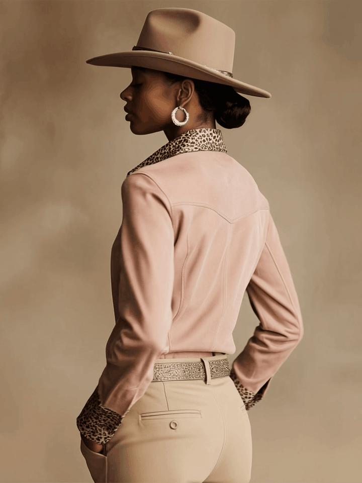 Natalie - Bluse Western im Retro-Stil aus Kunstwildleder Leopardenmuster mit V-Ausschnitt