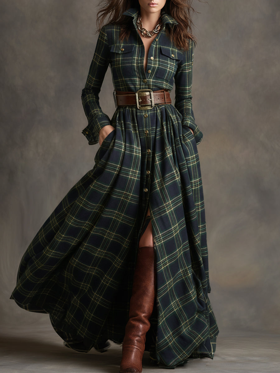Anke - Maxikleid Western im Retro-Stil aus Leinen kariert mit Kragen