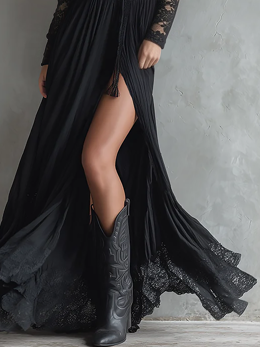 Henriette - Maxikleid Western für den Urlaub aus Spitze mit V-Ausschnitt und Schlitz
