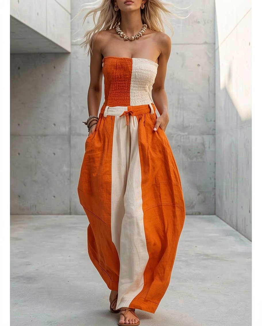 Marlene - Overall lässig Western aus Leinen im Farbblock-Design mit schmalen Trägern und schulterfrei und ärmellos