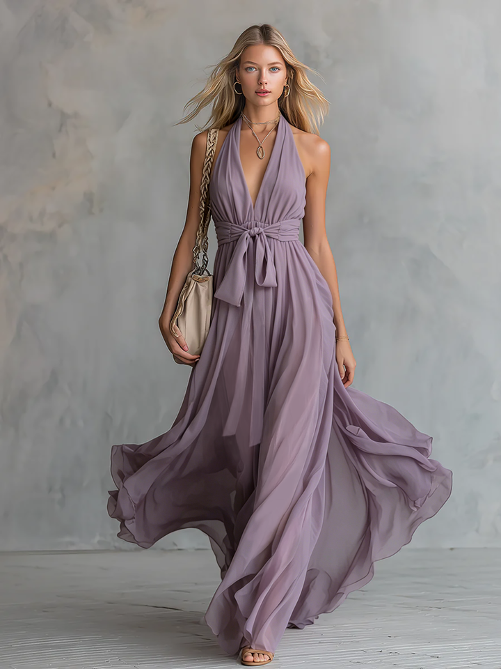 Maren - Elegantes Maxikleid für den Urlaub aus Chiffon mit V-Ausschnitt und ärmellosem Schnitt