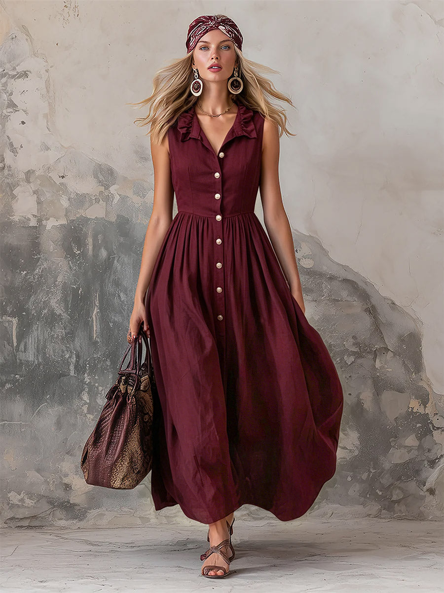 Elena - Elegantes Maxikleid sportlich aus Leinen mit V-Ausschnitt und ärmellosem Schnitt