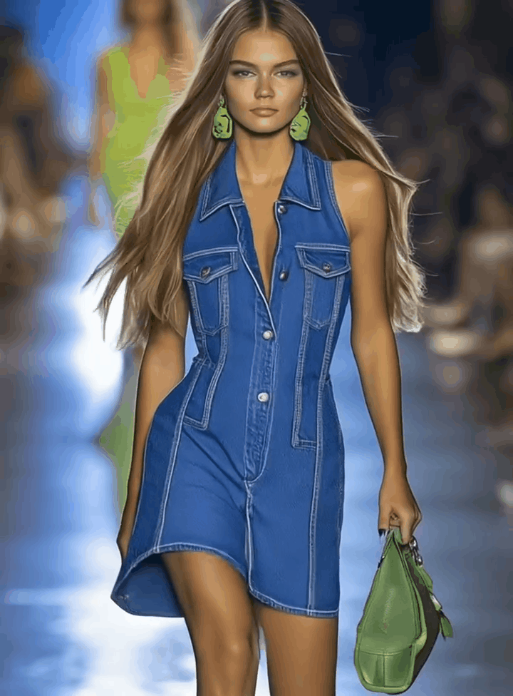 Judith - Minikleid für den Alltag aus Jeansstoff mit Reißverschluss und V-Ausschnitt und ärmellosem Schnitt