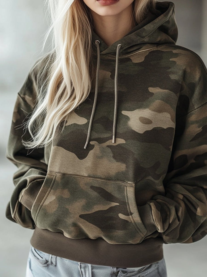 Carina - Bluse lässig Retro aus technischem Gewebe Camouflage mit Kapuze und Taschen