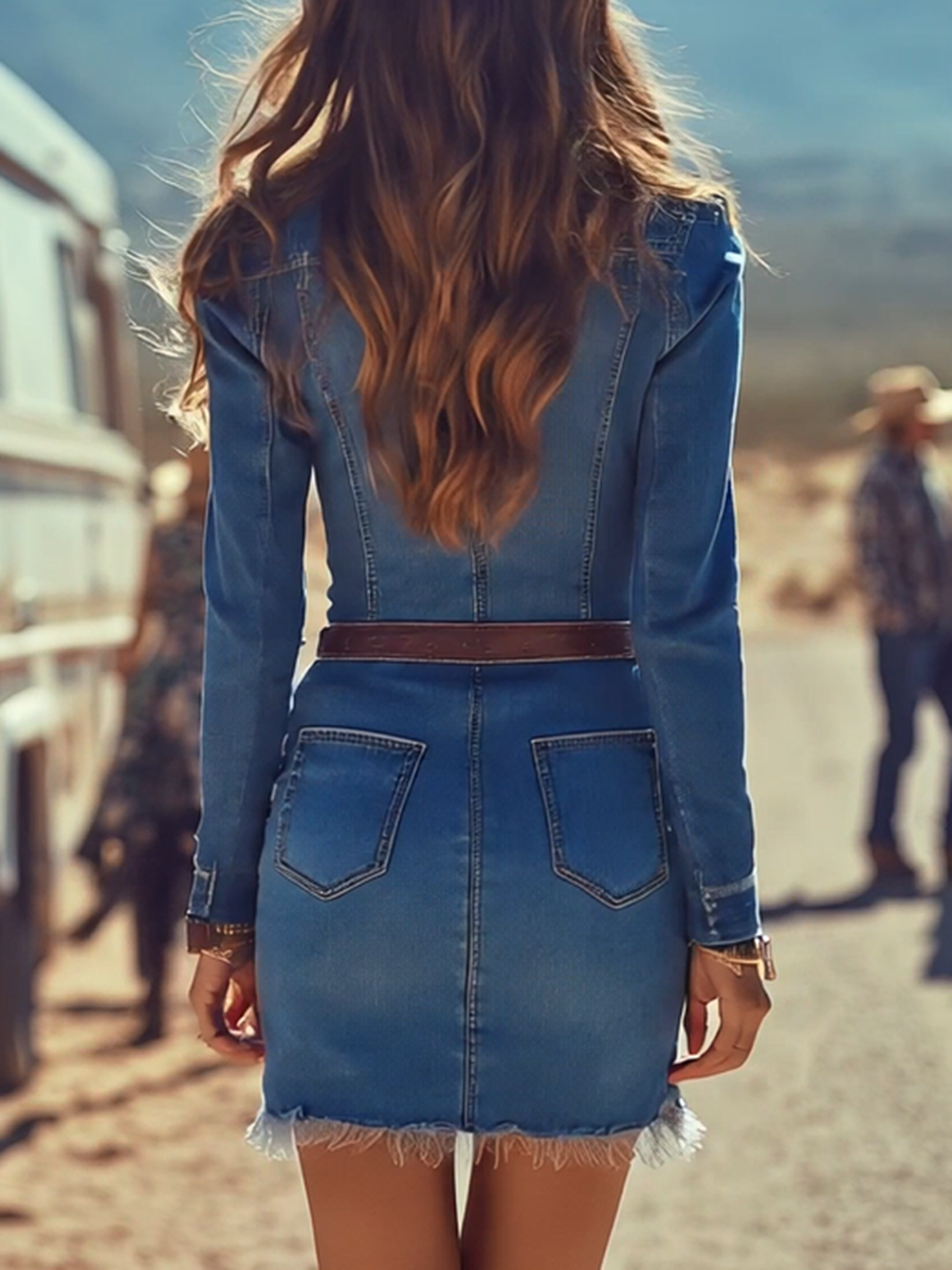 Wilhelmine - Minikleid lässig Western aus Jeansstoff mit V-Ausschnitt und Knöpfen