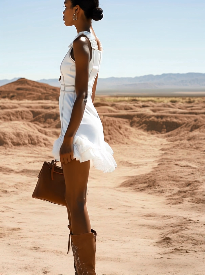 Laila - Minikleid lässig Western aus Jeansstoff mit Reißverschluss und Volants ärmellos
