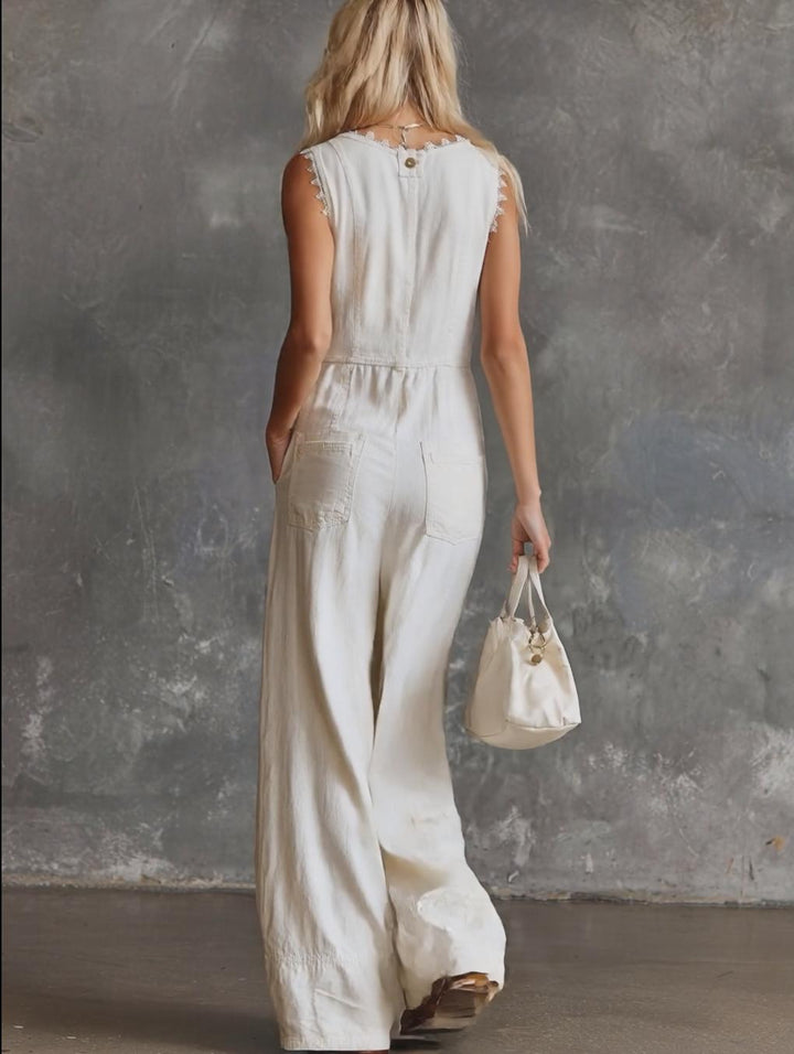 Mayla - Overall elegant im Retro-Stil aus Leinen mit V-Ausschnitt und Knöpfen ärmellos