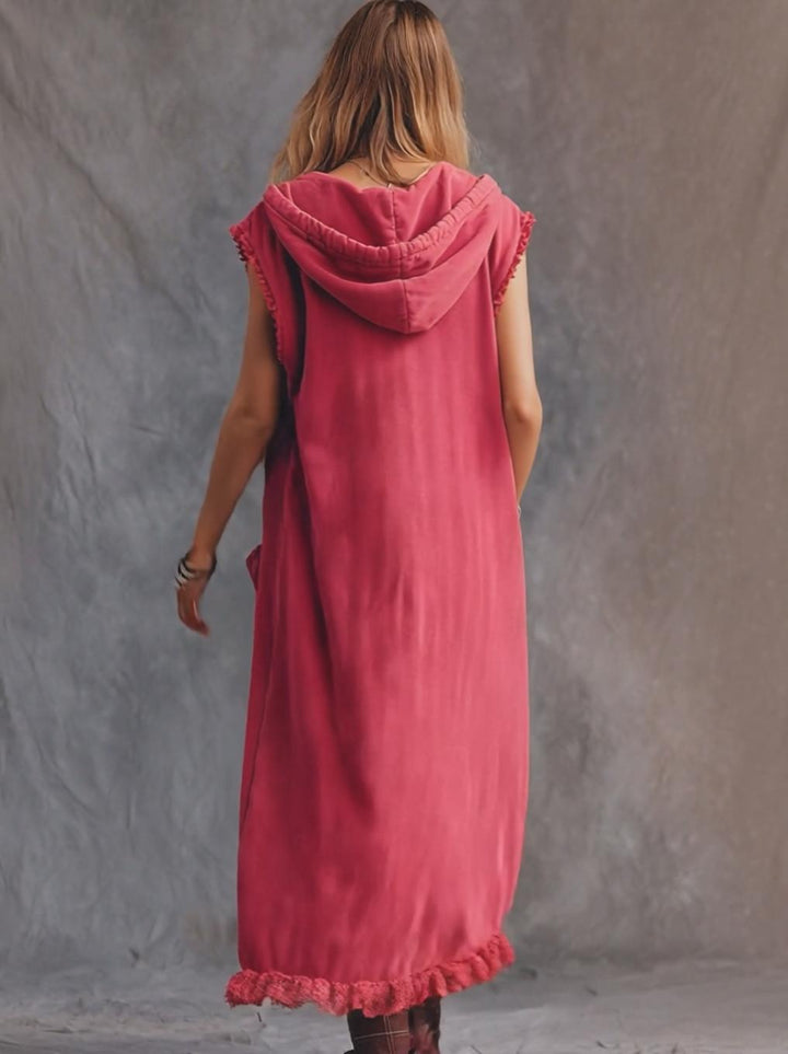 Amelie - Maxikleid lässig Retro aus Leinen mit Reißverschluss und V-Ausschnitt und ärmellosem Schnitt