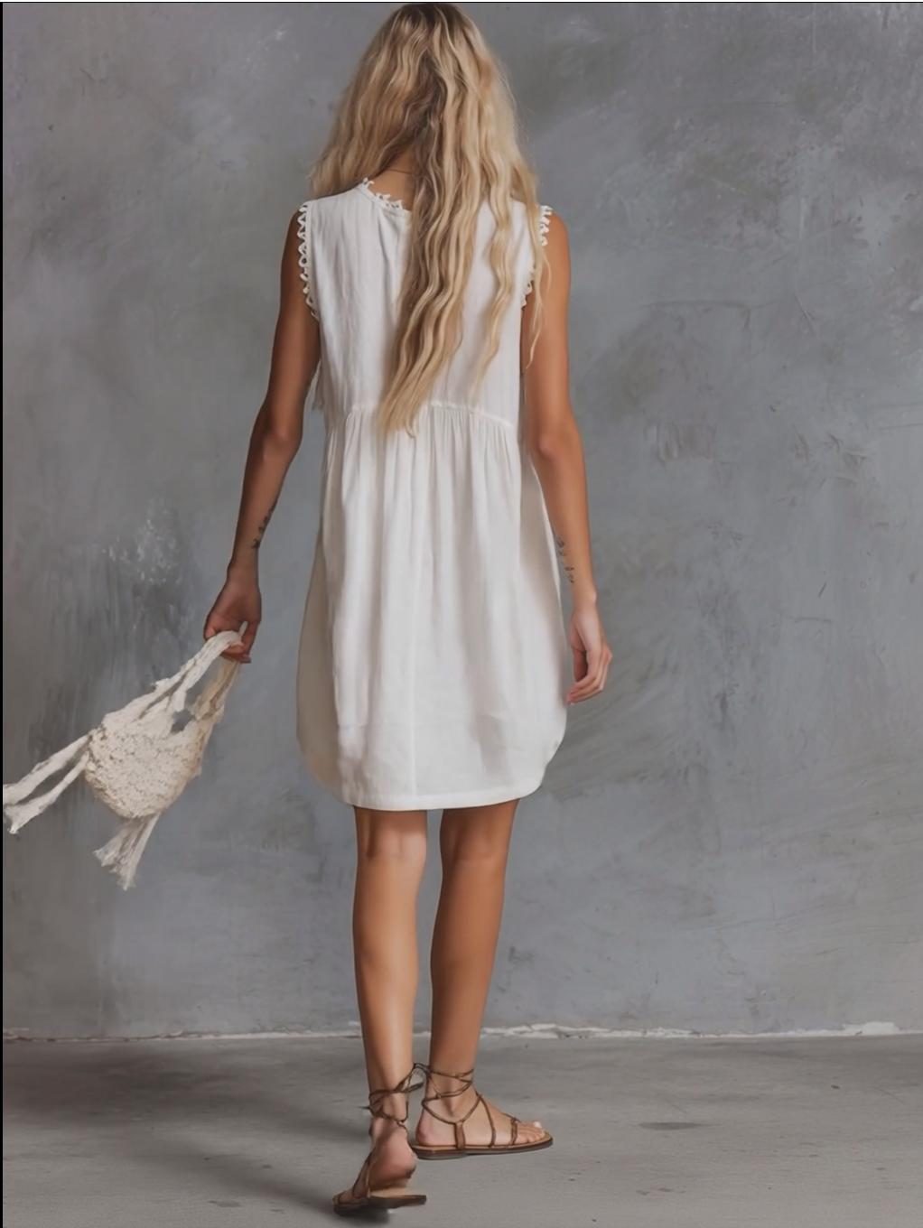 Marla - Elegantes Minikleid Retro aus Leinen mit V-Ausschnitt und Knöpfen ärmellos