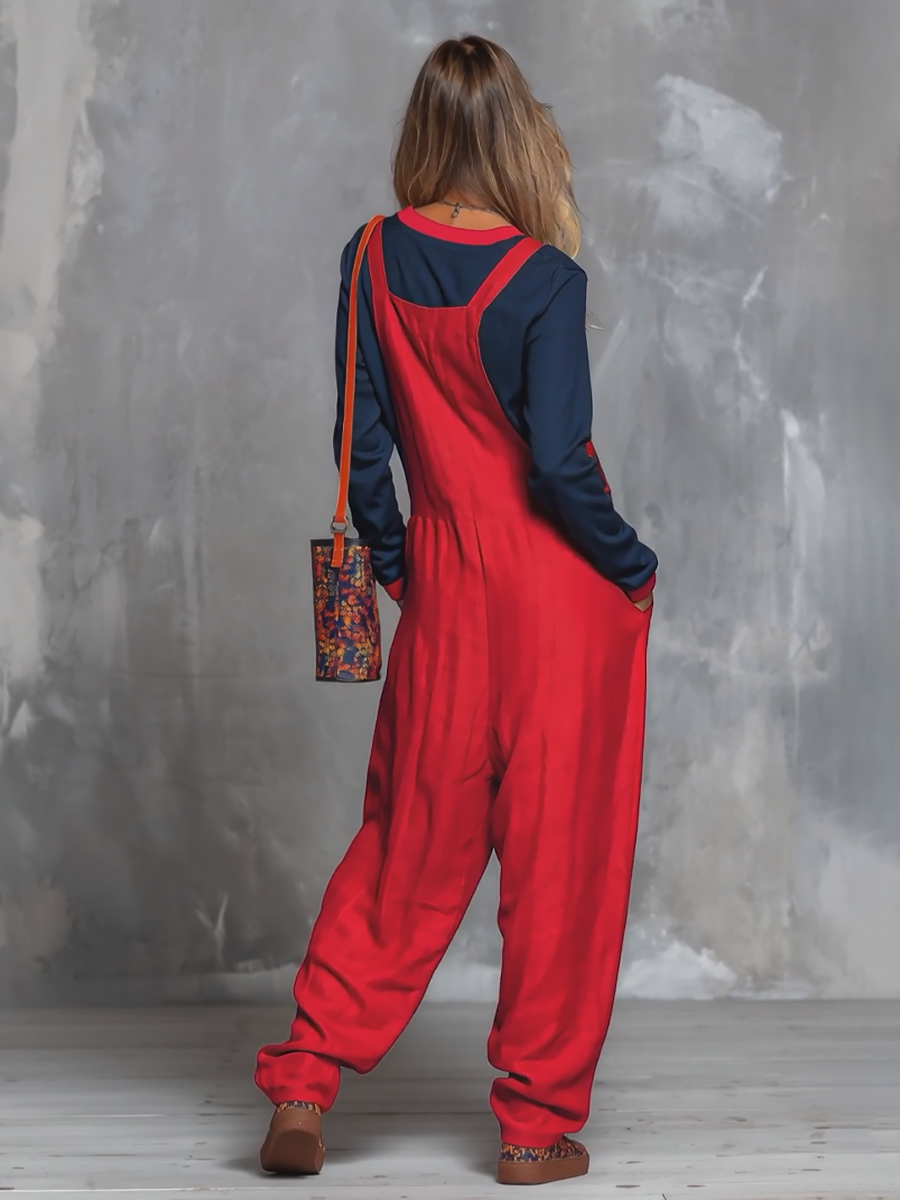 Christina - Hosen-Ensemble Western im Retro-Stil aus Leinen im Farbblock-Design mit V-Ausschnitt