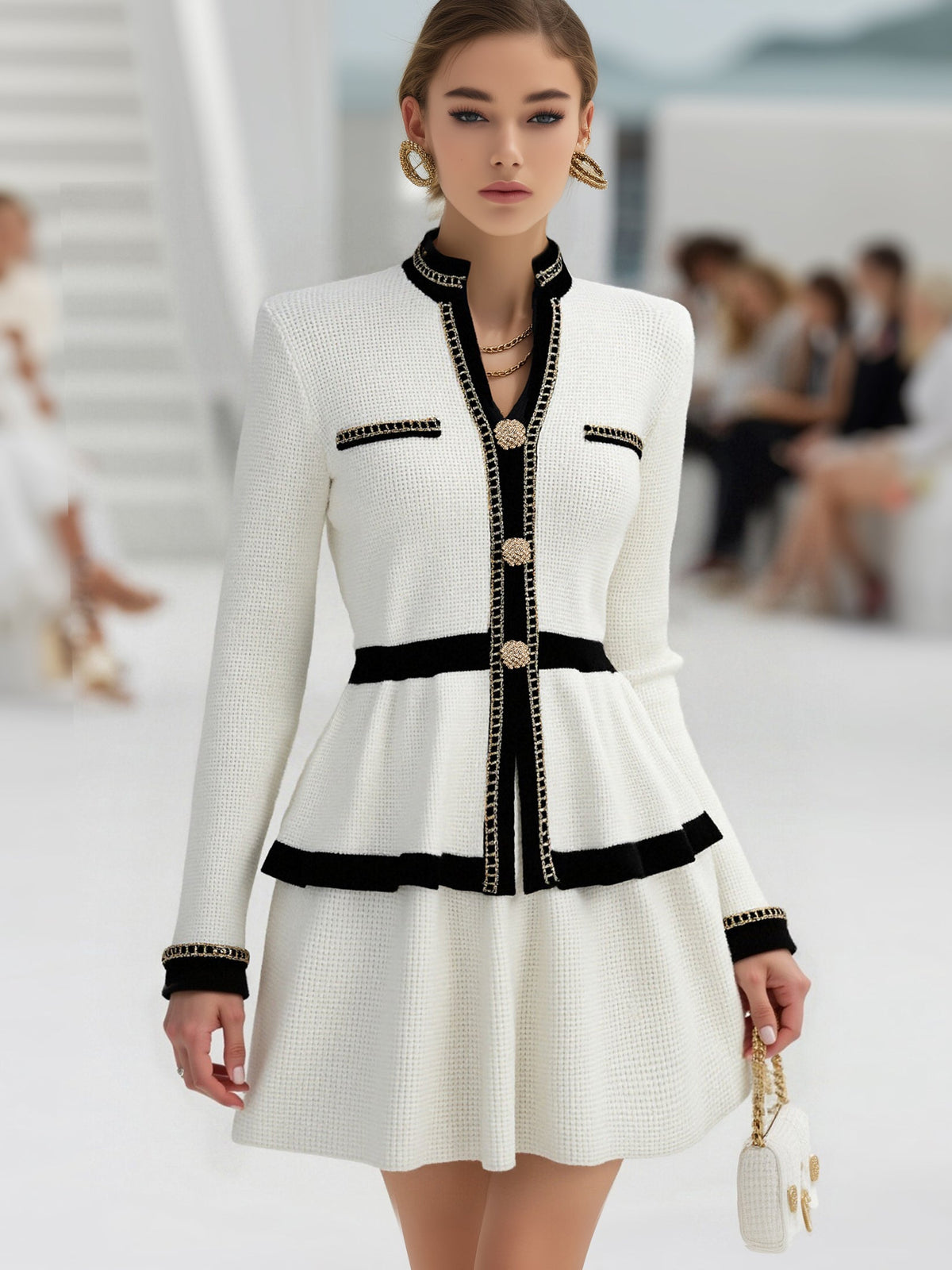 Zara - Elegantes Rock-Ensemble aus Strick gestreift mit Kragen plissiert